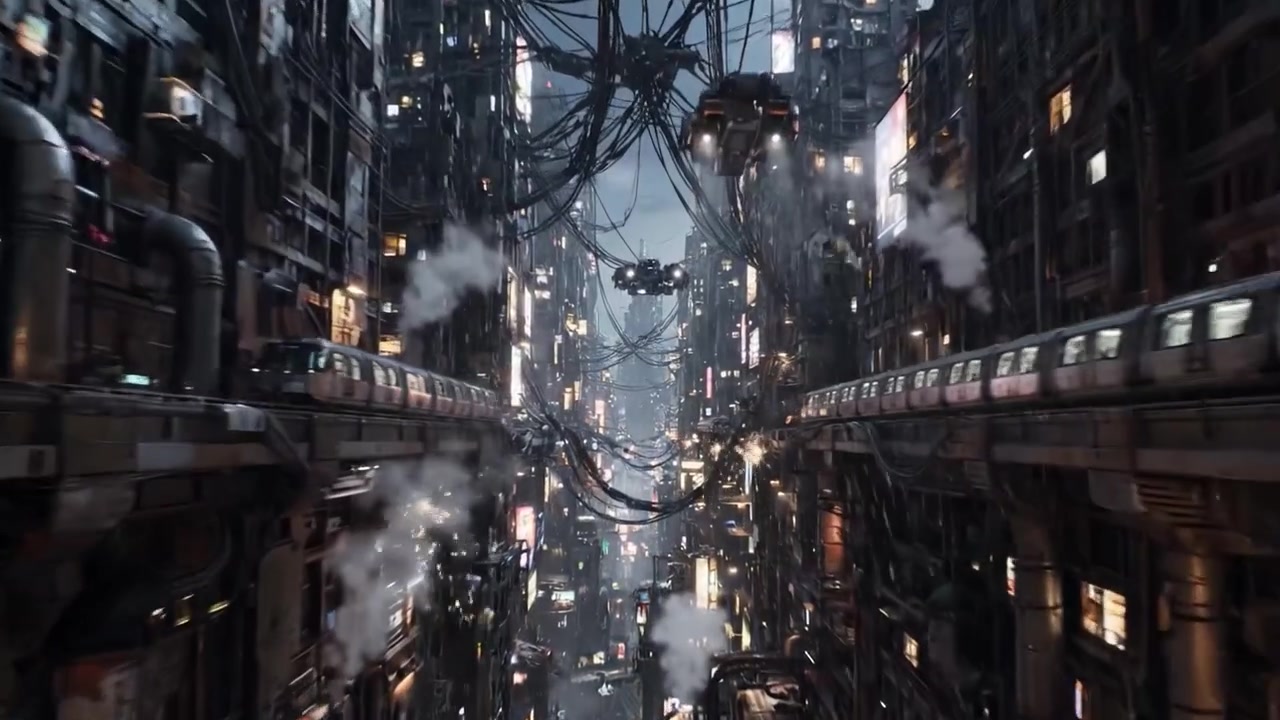 Futuristic Urban Landscape: A Vivid Exploration of Dense City Structures, Wires, and Atmospheric Details Capturing the Essence of a High-Tech Metropolis
