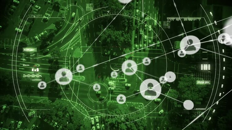 Animazione di una rete di connessioni con icone sul traffico stradale