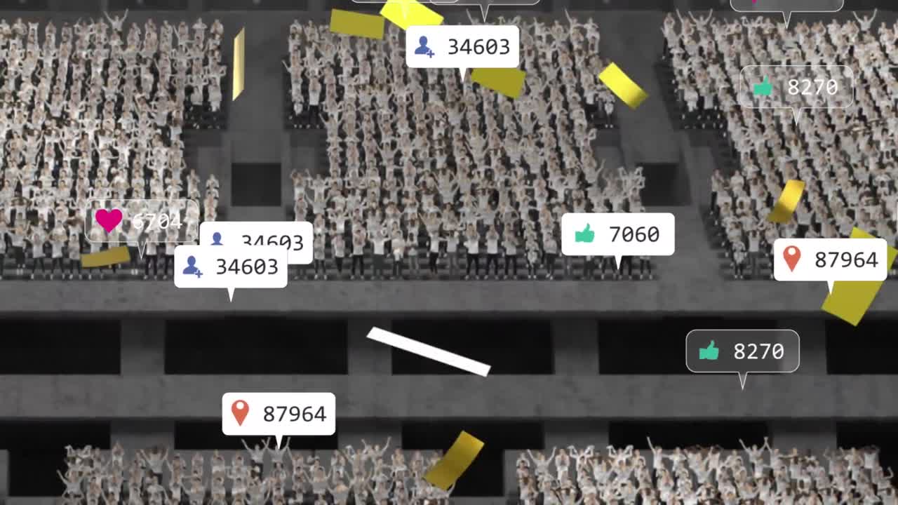 스포츠 경기장의 스탠드에 떨어지는 여러 미디어 아이콘과 황금 콘페티의 애니메이션