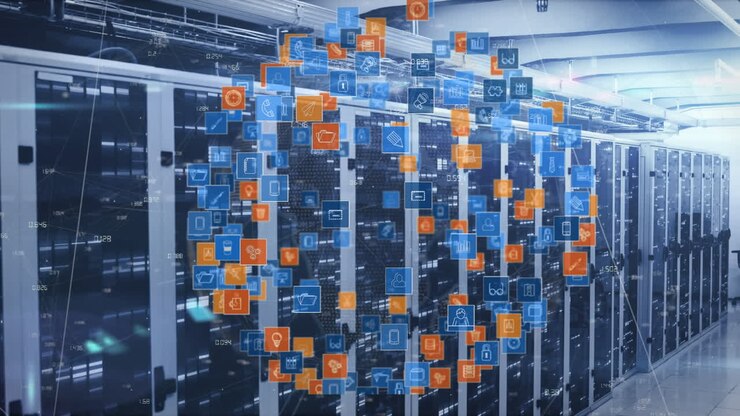 Animation of globe made of icons rotating over servers