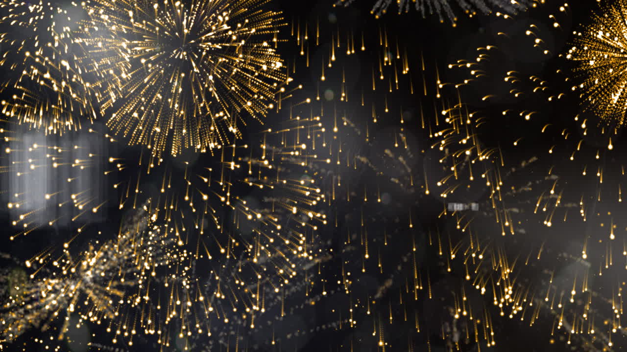 Animation von explodierendem goldenem Feuerwerk, das über einen schwarzen Hintergrund gleitet.