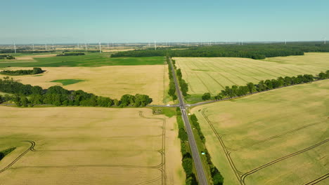 aerial view of agricultural fields with a road and distant wind turbines
