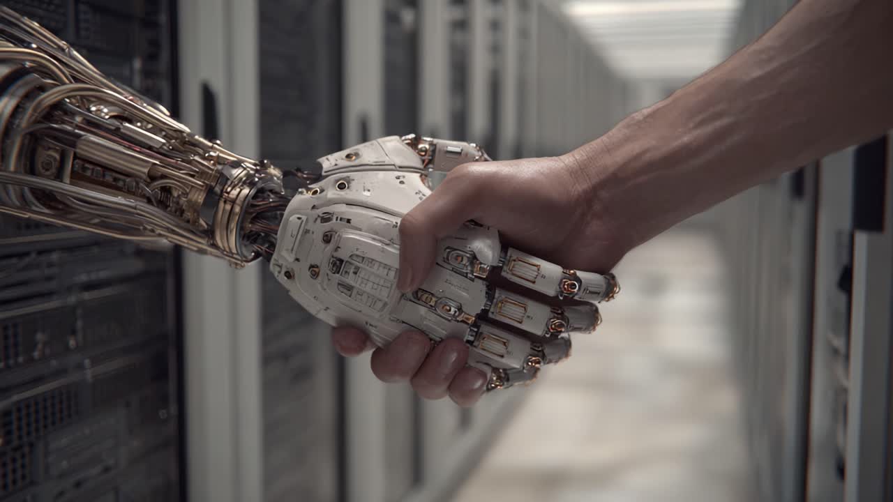 An Intriguing Moment of Connection Between Human and Robot: A Human Hand Shakes with a Mechanical Arm in a High-Tech Server Environment
