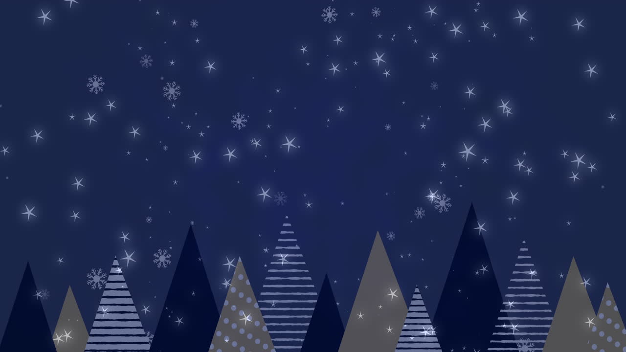 파란색 배경에 나무 위에 내리는 눈의 애니메이션