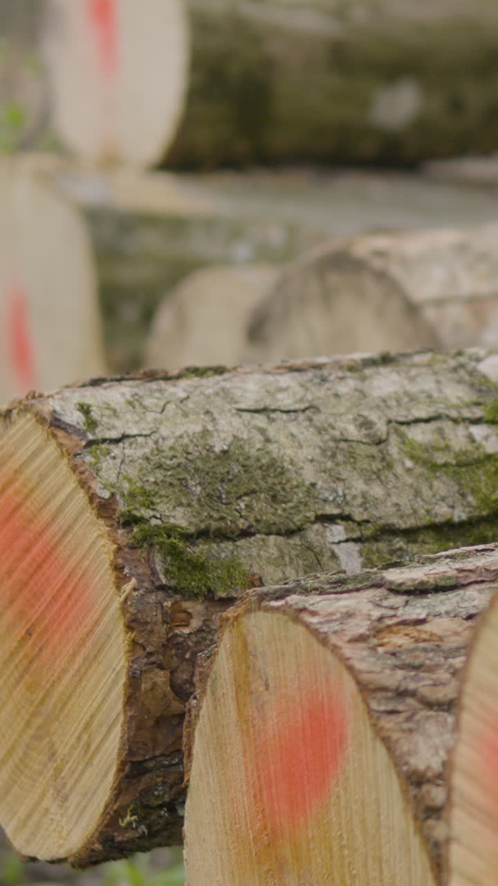 Close up of freshly cut timber logs stacked in a forest with red spray paint markings. Ideal for forestry, logging industry, and environmental conservation content