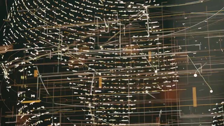 Getting startup pulse, digital globe of white nodes, grid rotating on black backdrop, showing data