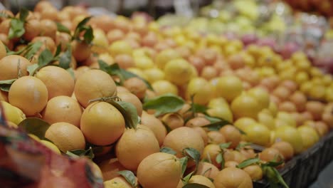 close-up view of some fresh fruit about mandarins and lemons at supermarket.