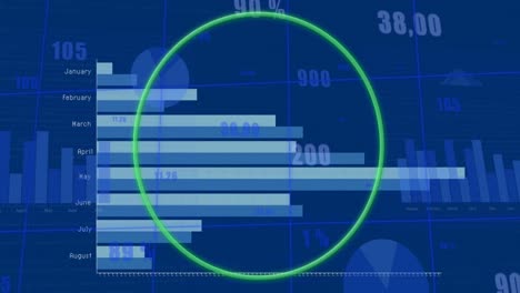 Animation-of-neon-round-banner-over-statistical-data-processing-against-blue-background