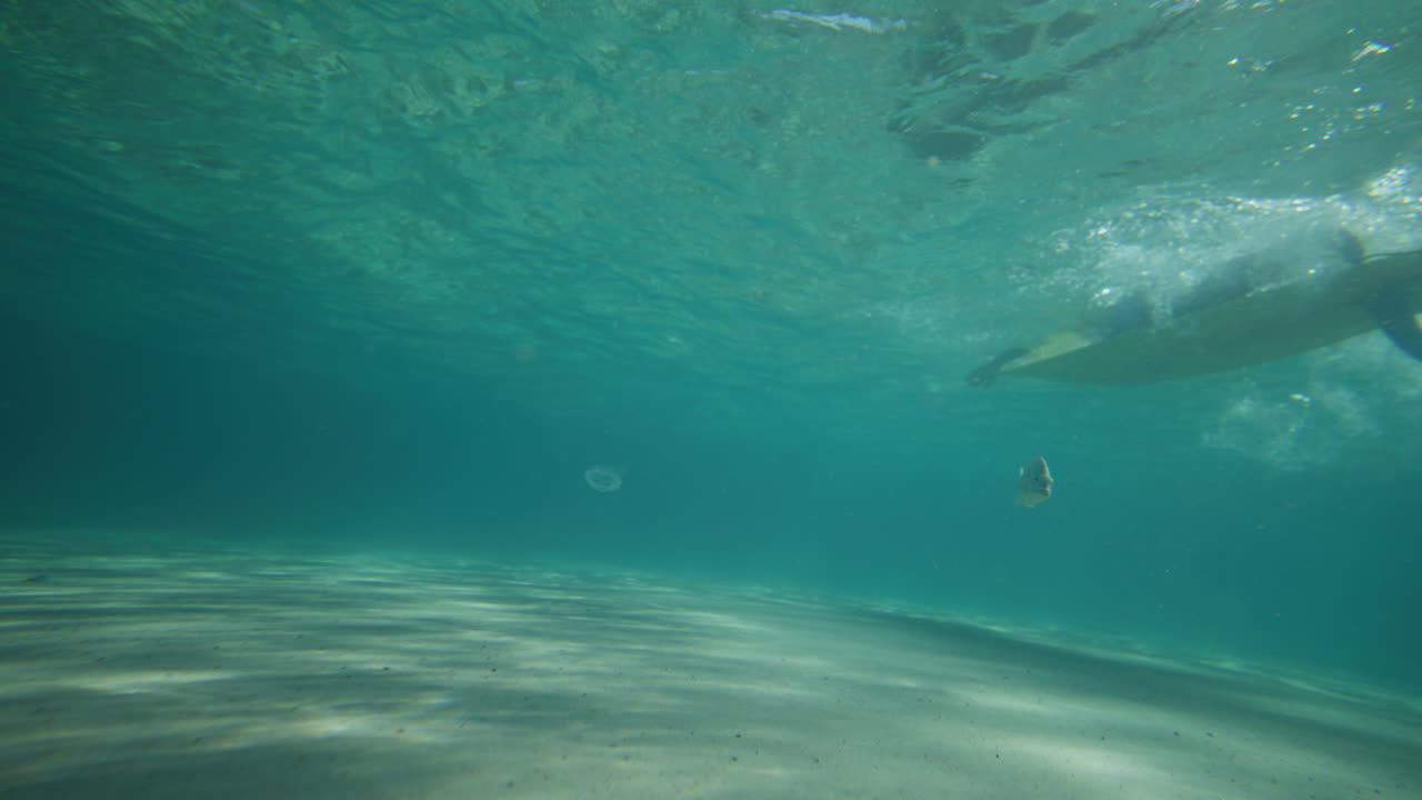 Surfer paddling for a wave in crystal clear water in Byron Bay Australia shot from underwater in slow motion