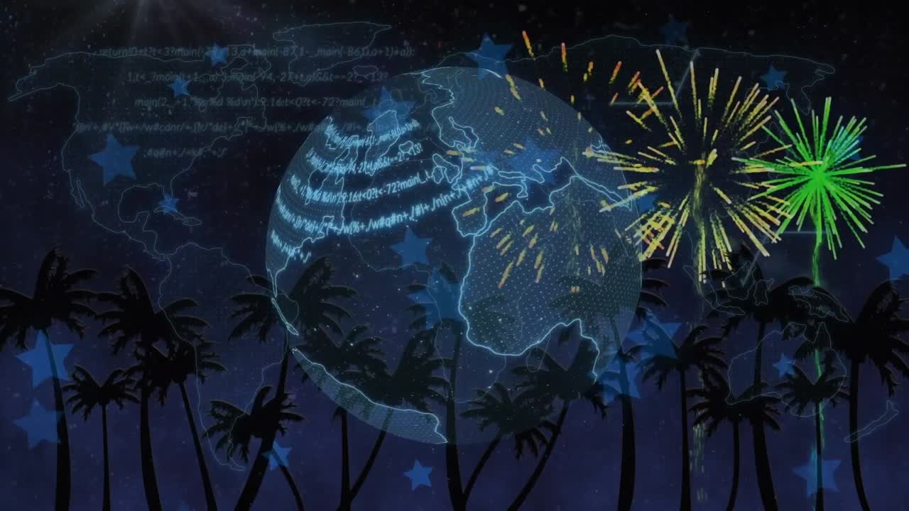 여러 개의 별 아이콘과 데이터 처리는 배경에  ⁇ 나무에 대해 회전하는 지구를 통해