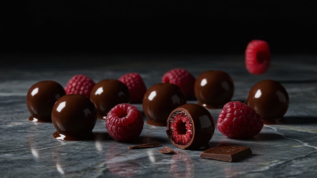 Decadent Chocolate Delights: A Visually Tempting Arrangement of Chocolate-Covered Raspberries with a Glorious Melting Center, Perfect for Gourmet Indulgence