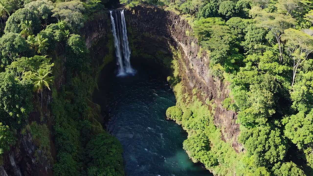 Pemandangan udara air terjun megah di hutan tropis lebat.