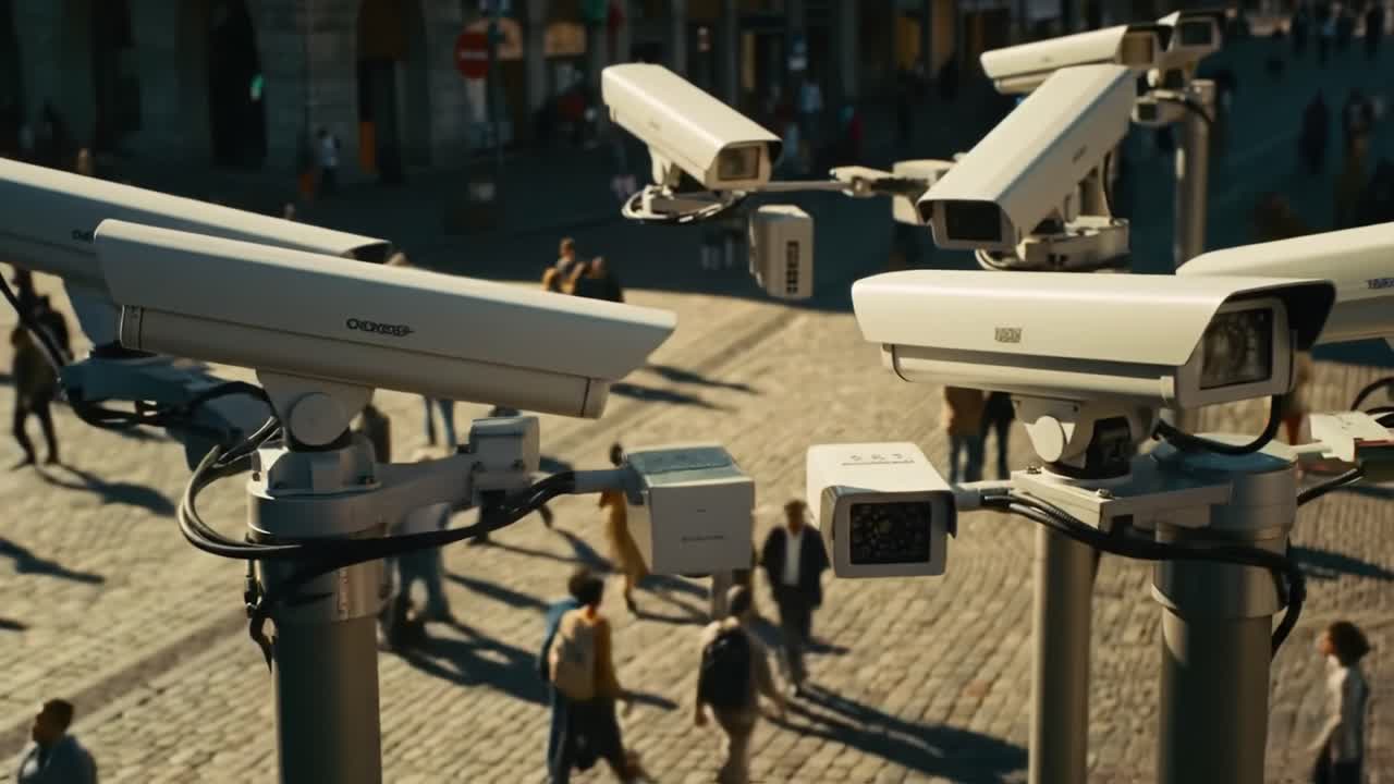 Surveillance Systems Overlooking Urban Crowds: A Detailed View of CCTV Cameras Monitoring Public Spaces in a Bustling City Environment