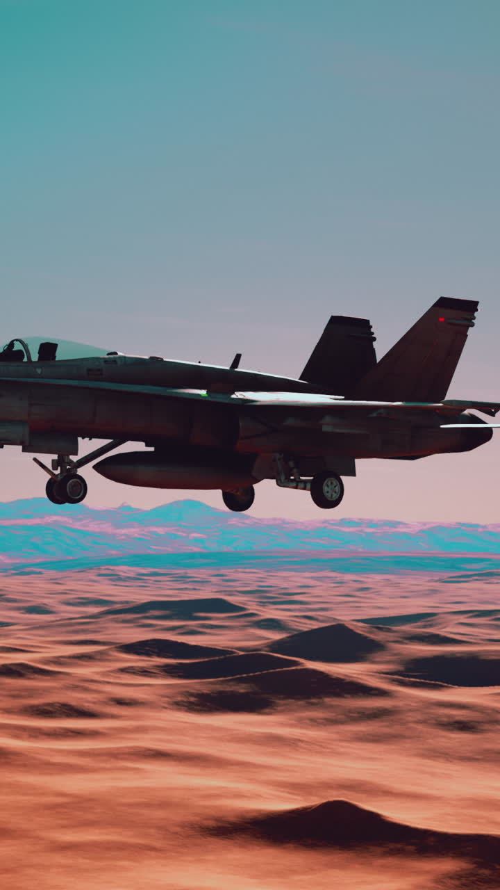 jet de combate f-18 sobre el paisaje del desierto al atardecer o al amanecer