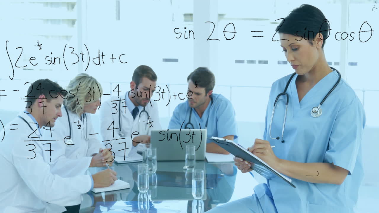 Medical professionals in meeting with mathematical equations animation over them