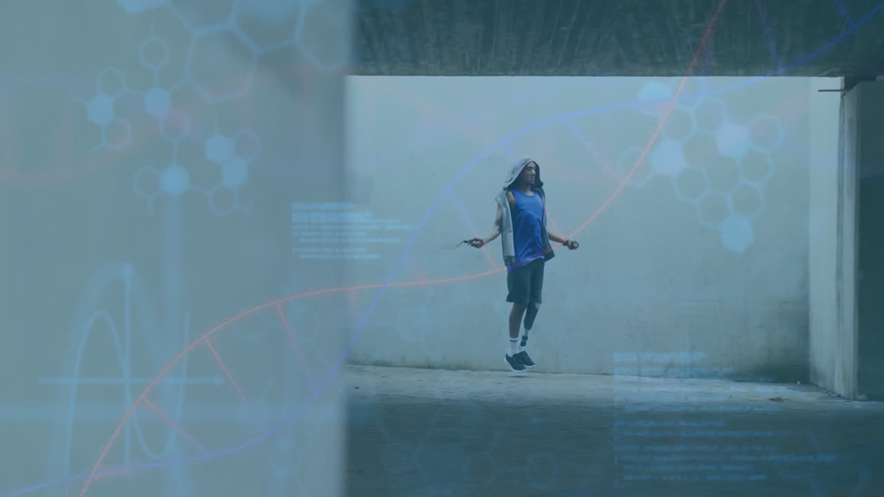 Man jumping rope in urban setting with scientific data animation overlay