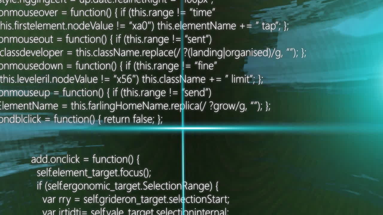 Animation of blue scanner beams over glitching data processing, on black