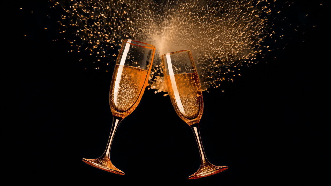 Celebratory champagne glasses clinking animated overlay, transparent 4K video, alpha channel, ProRes