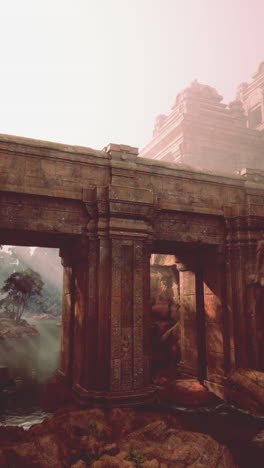 ancient temple bridge in misty jungle