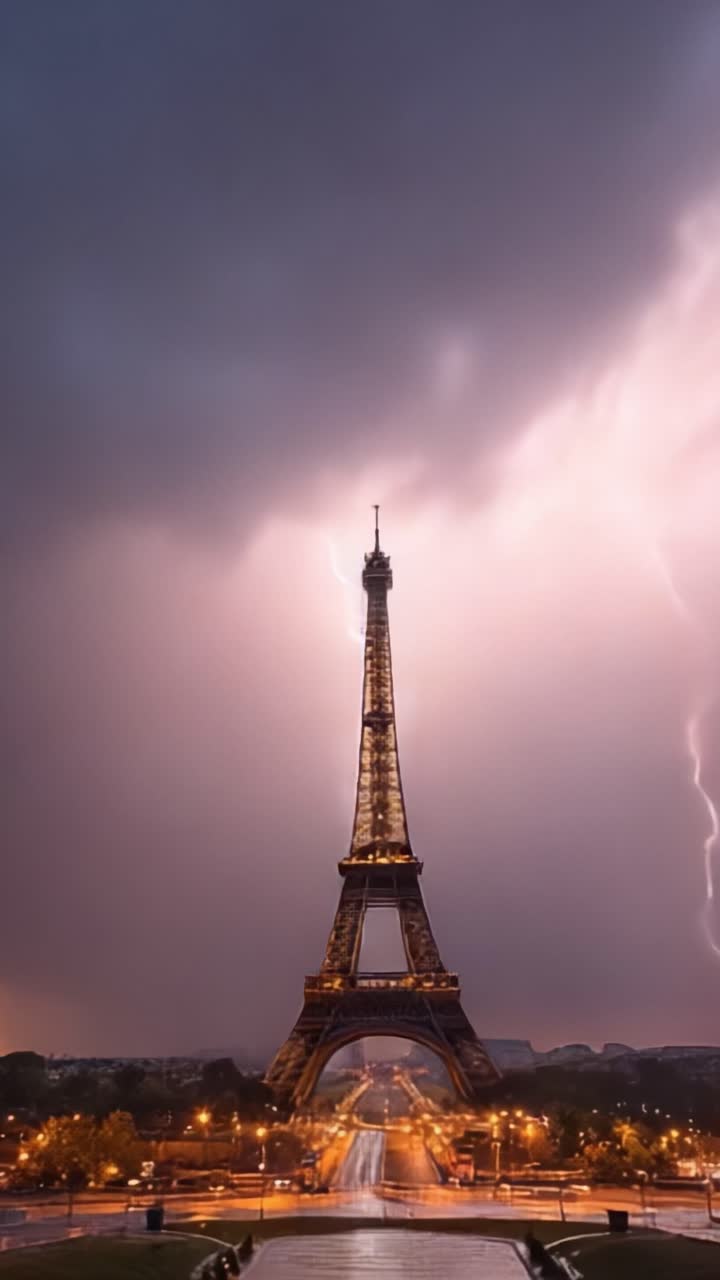 Spettacolari fulmini vicino a una torre iconica che incorniciano un bellissimo crepuscolo in un paesaggio urbano tempestoso, mettendo in mostra la potenza della natura e la bellezza urbana