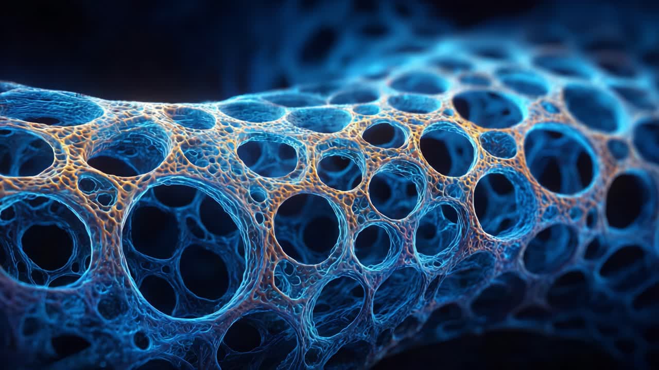 Intricate Blue Network of Cellular Structures: A Close-Up View of Amazing Microscopic Patterns and Textures in a Complex Biological Environment