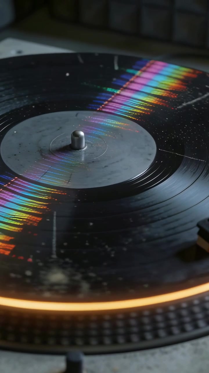 Vertical video: Turning knob sending vinyl record spinning on turntable at studio, rainbow band