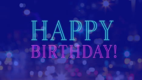 animación de feliz cumpleaños neón pancarta de texto contra el tráfico nocturno de la ciudad.