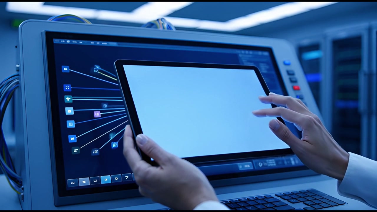 Hands Interacting with Tablet and Digital Data on Large Screen