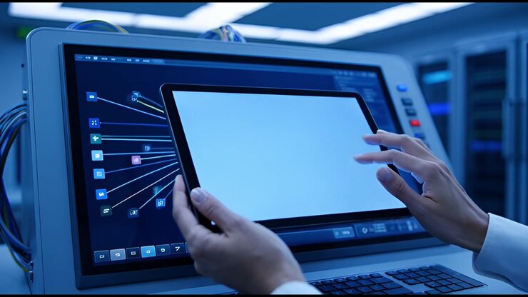 Hands Interacting with Tablet and Digital Data on Large Screen