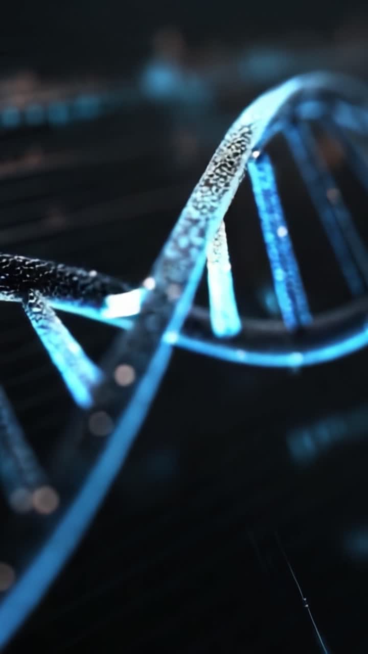 Una straordinaria rappresentazione visiva di una doppia elica del DNA, che cattura le complessità del materiale genetico attraverso una macro fotografia dettagliata in un ambiente buio.