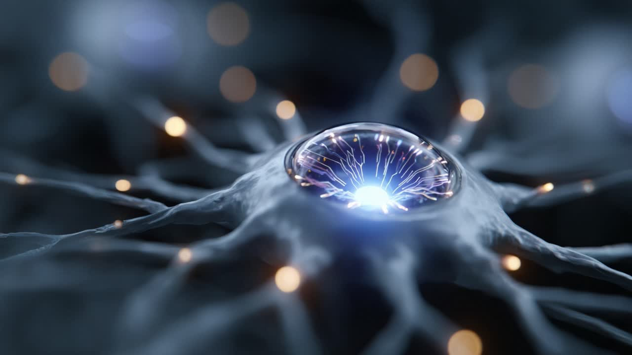 Primo piano mozzafiato di un neurone con scintille di energia che ne illuminano la struttura, mostrando la complessità delle connessioni neurali nel cervello umano.