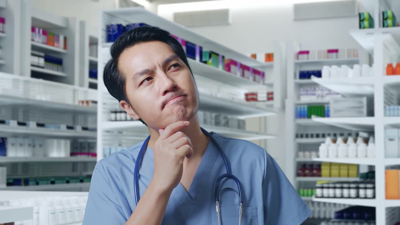 스테토스코프를 들고 있는 아시아 남성 의사가 무언가에 대해 생각하고 주위를 둘러보며 약국에서 지표손가락을 들어 올린다.