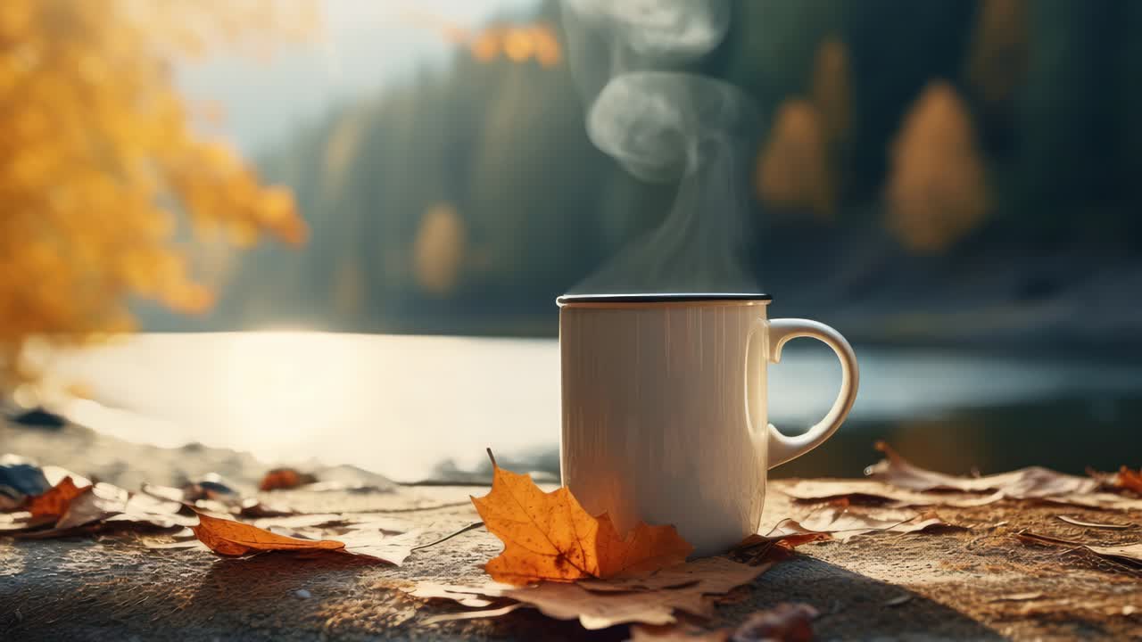 Warm autumn scene with a steaming mug on a lakeside, surrounded by fallen leaves