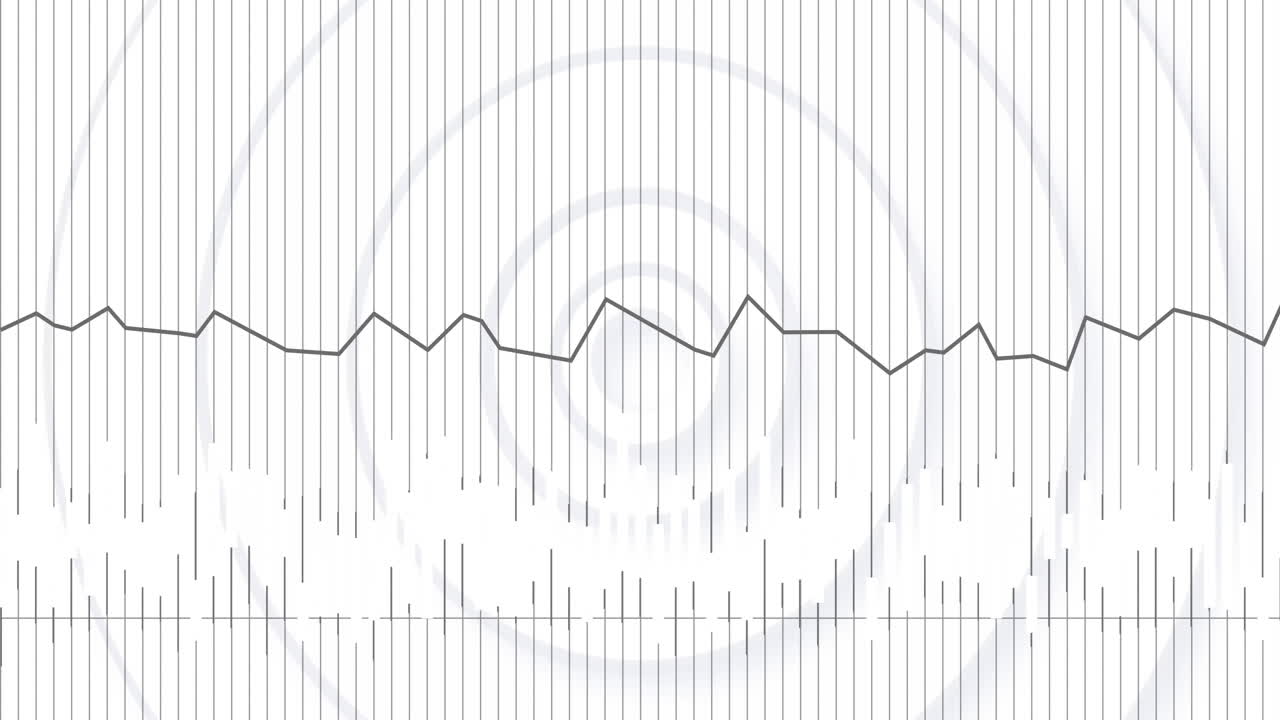 Sound wave and frequency lines animation over concentric circles background
