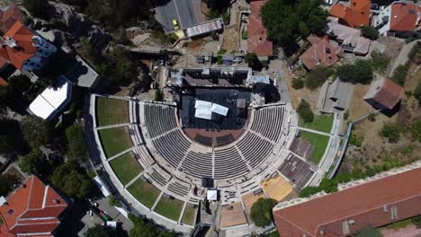 Aerial-drone-video-of-Roman-Theatre-of-Philippopolis-from-above-in-Plovdiv,-Bulgaria