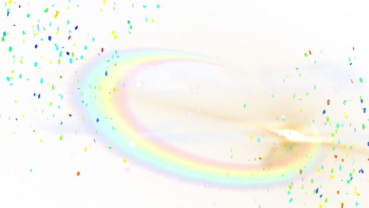 색 배경의 복사 공간에 대한 무지개 렌즈 플레어 위에 떨어지는 콘페티의 애니메이션