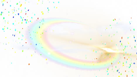 animación de confeti cayendo sobre la luz de la lente arco iris contra el espacio de copia en fondo blanco