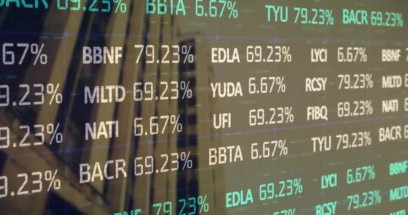 Opening transparent finance ticker overlay cycling percentages and highlighting gains on glass wall