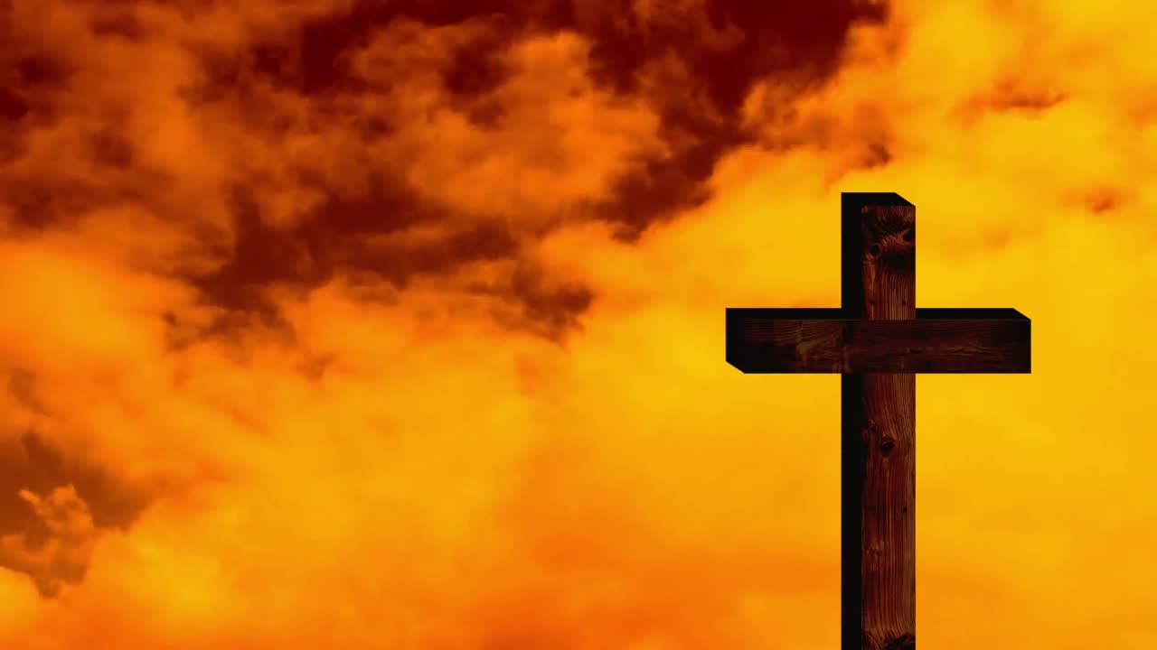 animación de la cruz cristiana sobre nubes naranjas y amarillas que se mueven en el fondo
