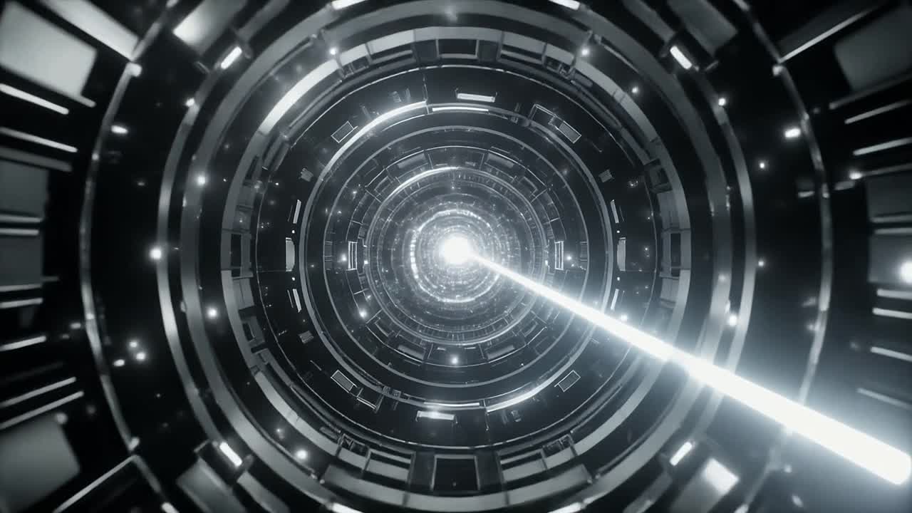 Traveling Through a Futuristic Digital Tunnel with Glowing Light Beam
