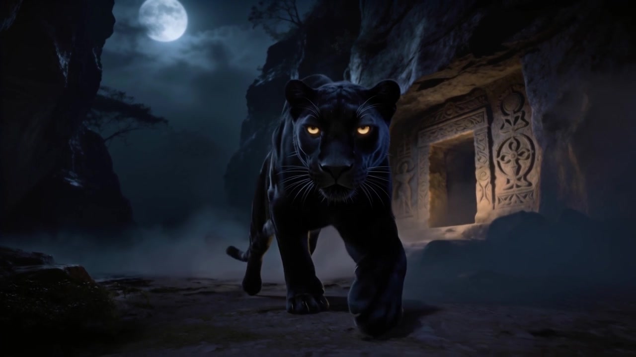 Gehender schwarzer Panther bewegt sich in einem felsigen Canyon mit Vollmond auf die Kamera zu, Lichtzeichnung eines Türrahmens.