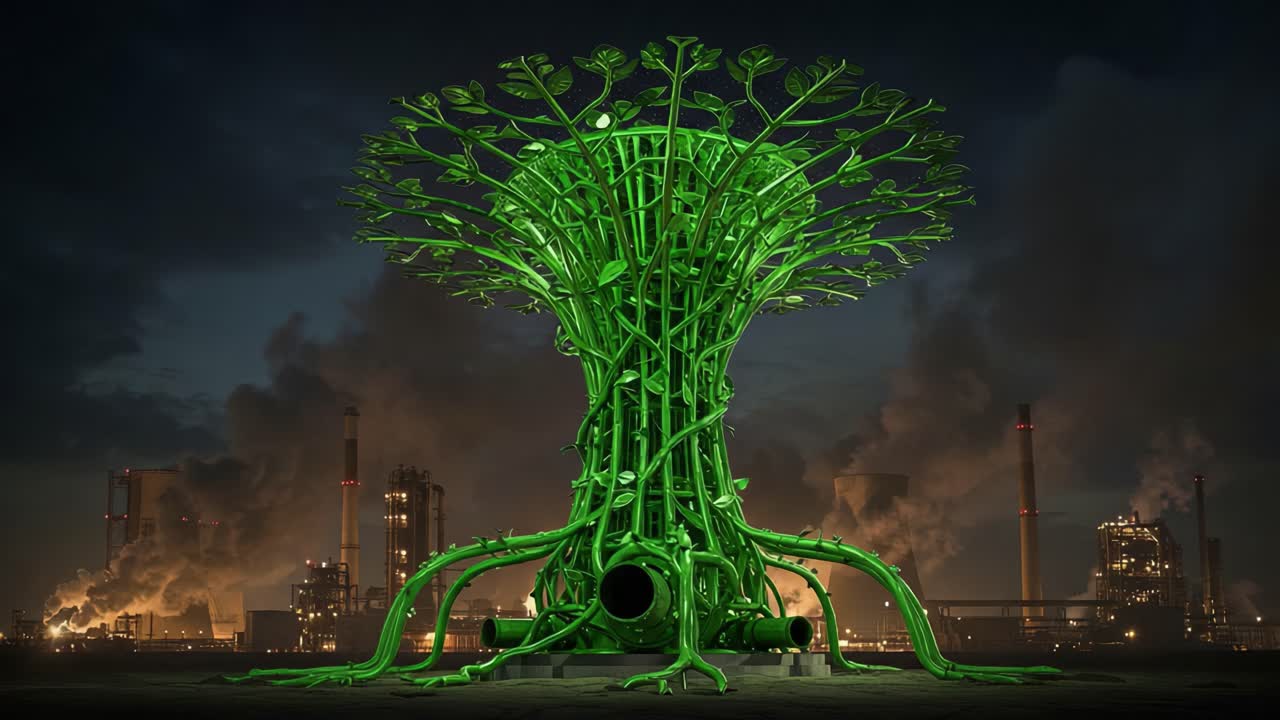 A Majestic Green Sculpture Resembling a Tree Stands Tall Amidst a Gloomy Industrial Landscape, Blending Nature with Urbanity in a Striking Visual Contrast