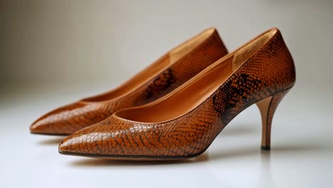 pair of brown snakeskin high-heeled pumps