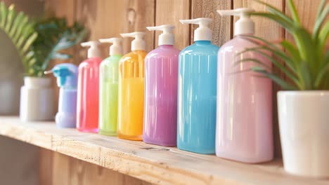 colorful pump bottles and plants on a wooden shelf