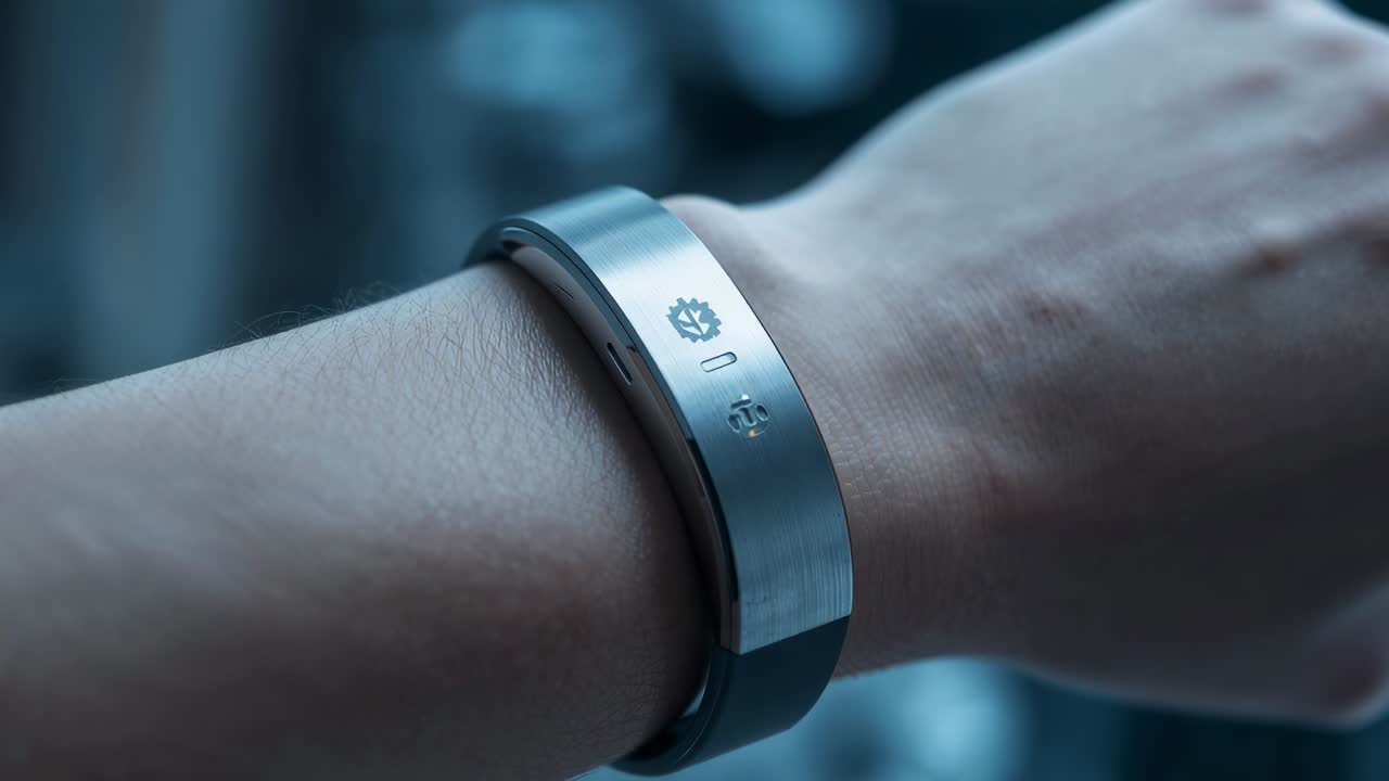 Initiating wearer rotating wrist in blue-tinted room, revealing metallic bracelet with three icons