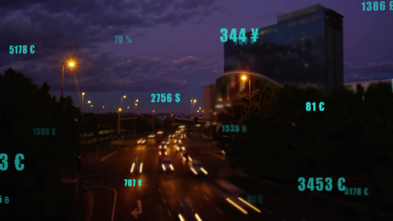 Currency data overlay animation on city traffic at night, vibrant urban scene