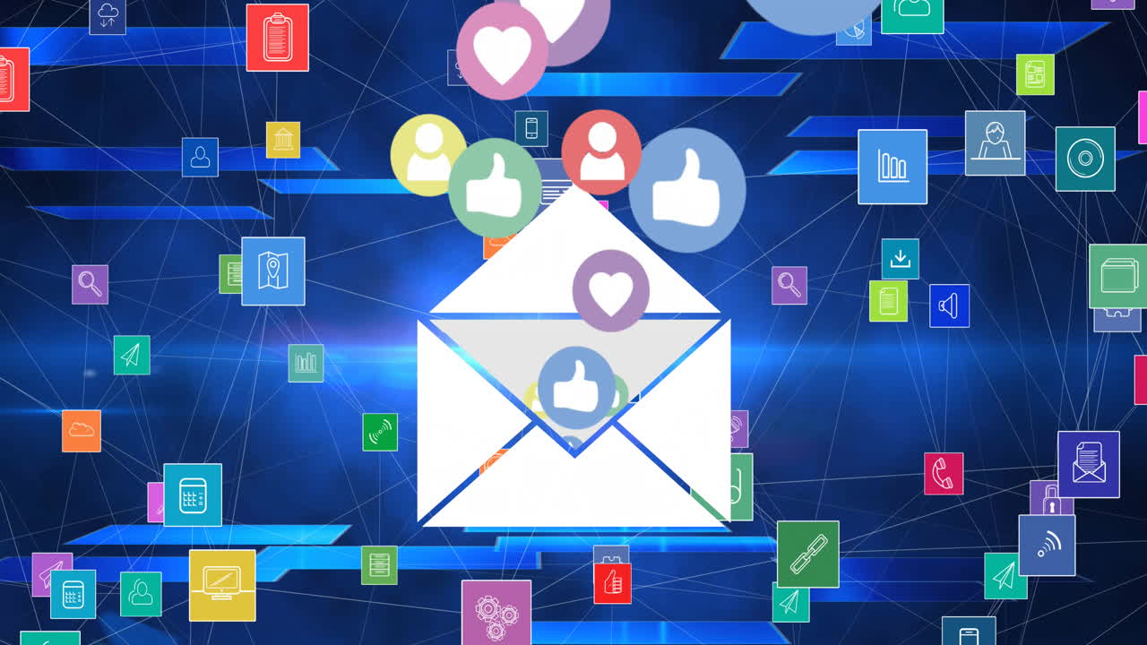 Animazione di icone digitali di social media e rete con busta email