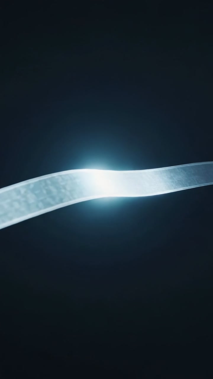 Vertical video: Translucent ribbon entering left, waving right while carrying flare, guiding tech
