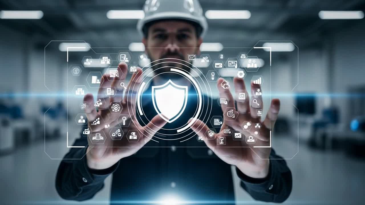 Engineer Managing Industrial Security with a Virtual Shield Interface in a Factory