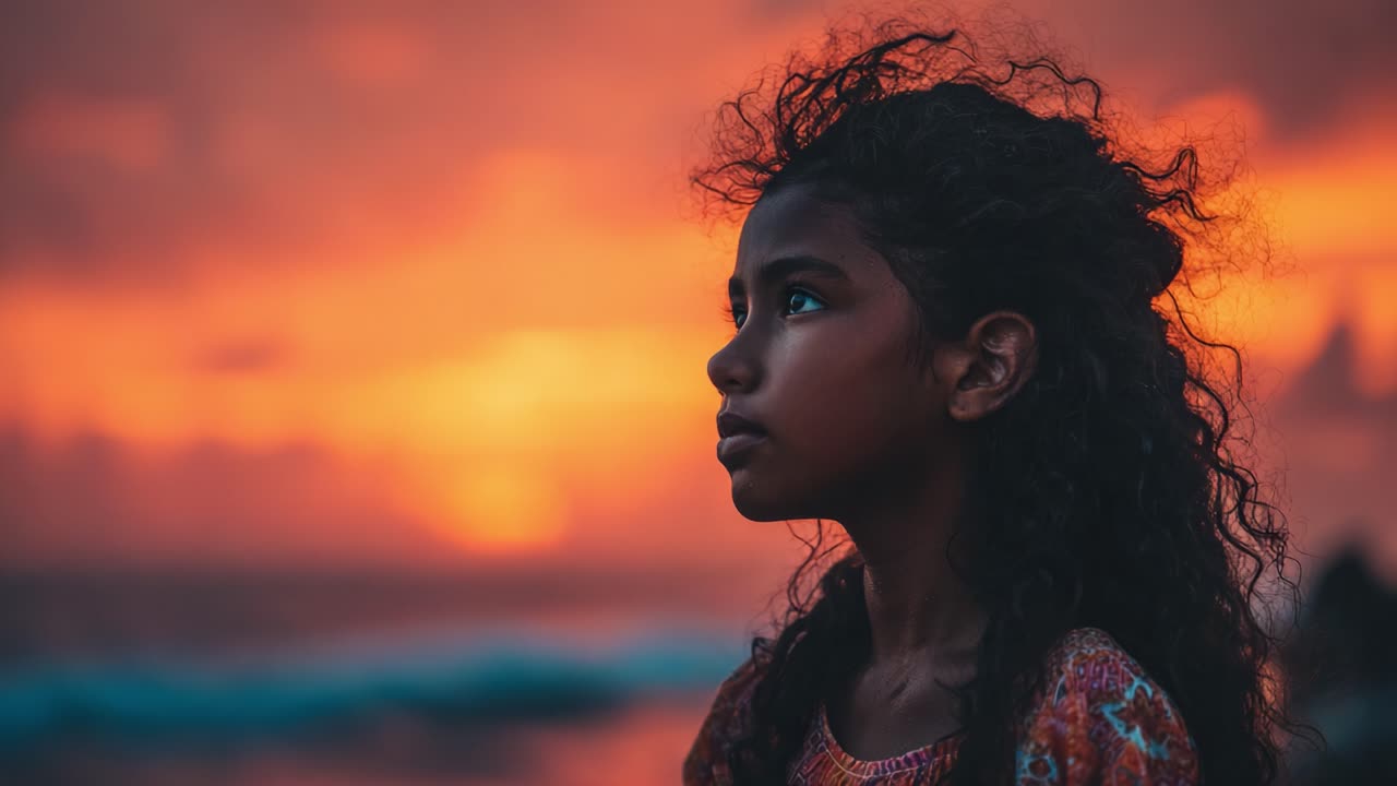 Beautiful Moments at Sunset: A Young Girl Lost in Thought Against a Majestic Orange Sky, Capturing the Essence of Childhood Serenity and Nature's Splendor